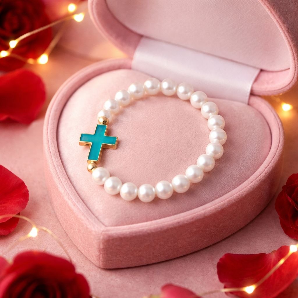 Elegant Pearl Bead Bracelet with Turquoise Cross Charm