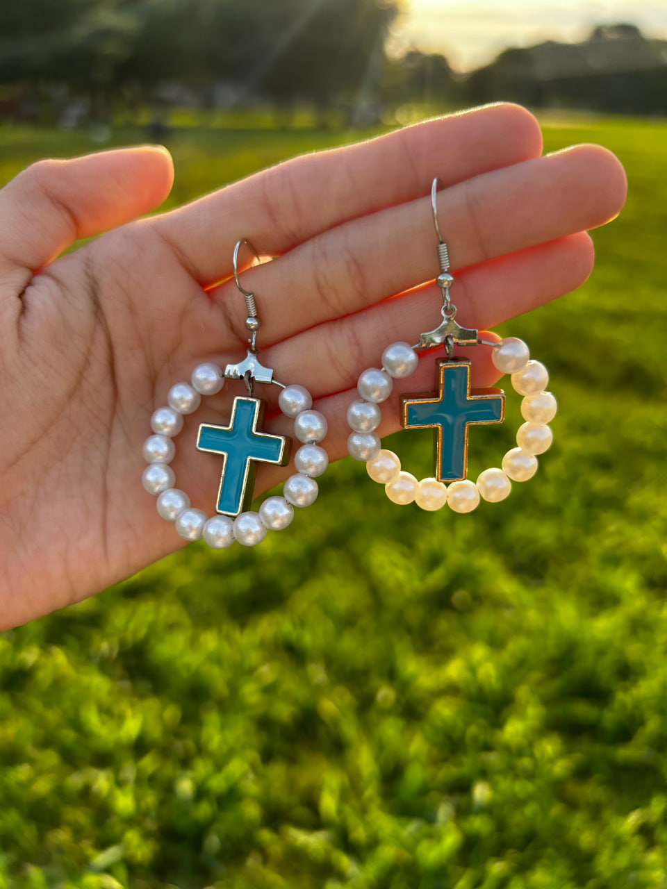 Elegant Pearl Bead Hoop Earrings with Blue Cross Pendant